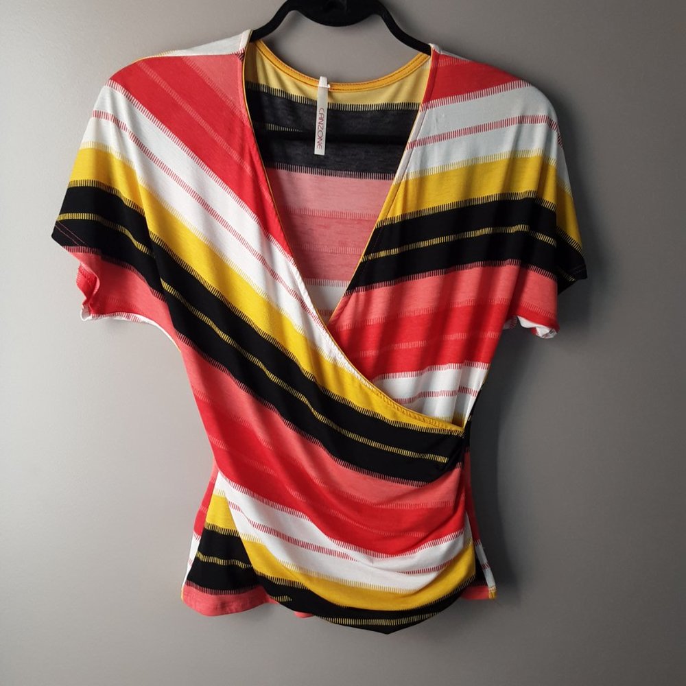 Striped V-Neck Short Sleeve Top faux wrap M